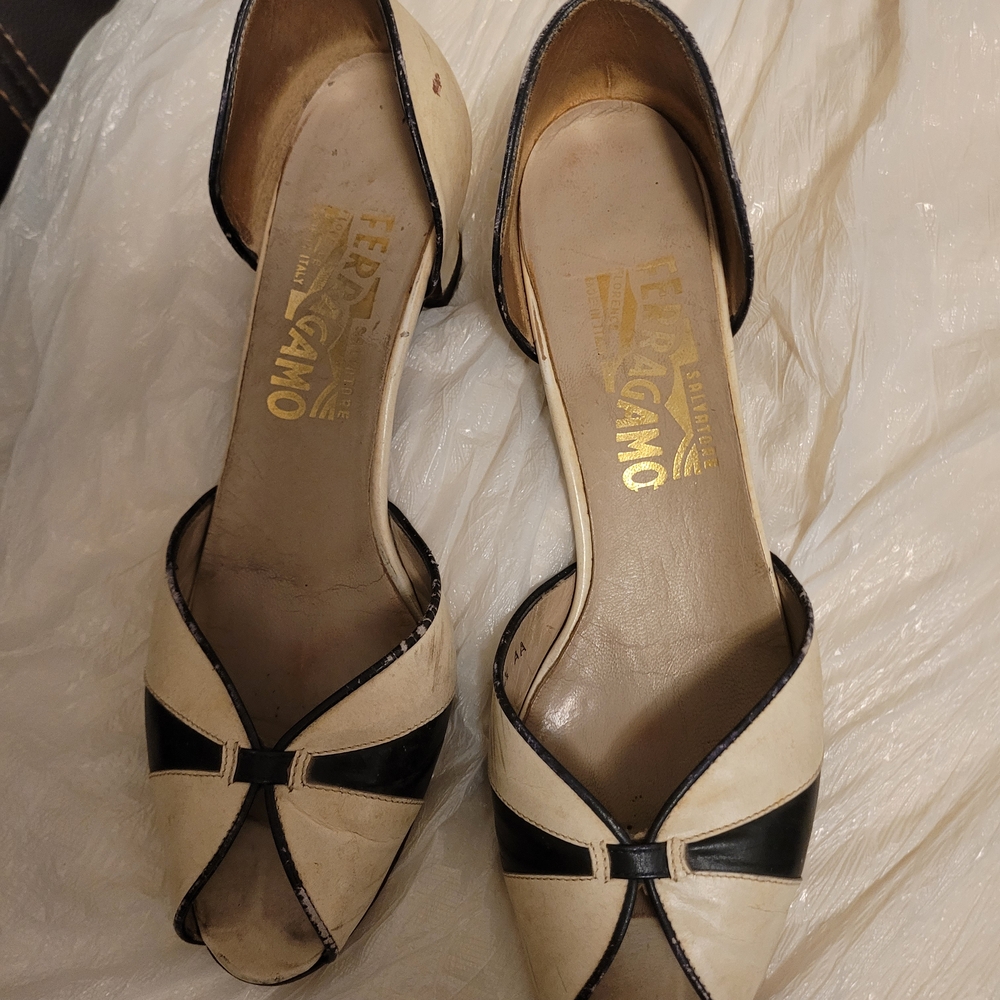 Salvatore Ferragamo Black and Cream Heels
